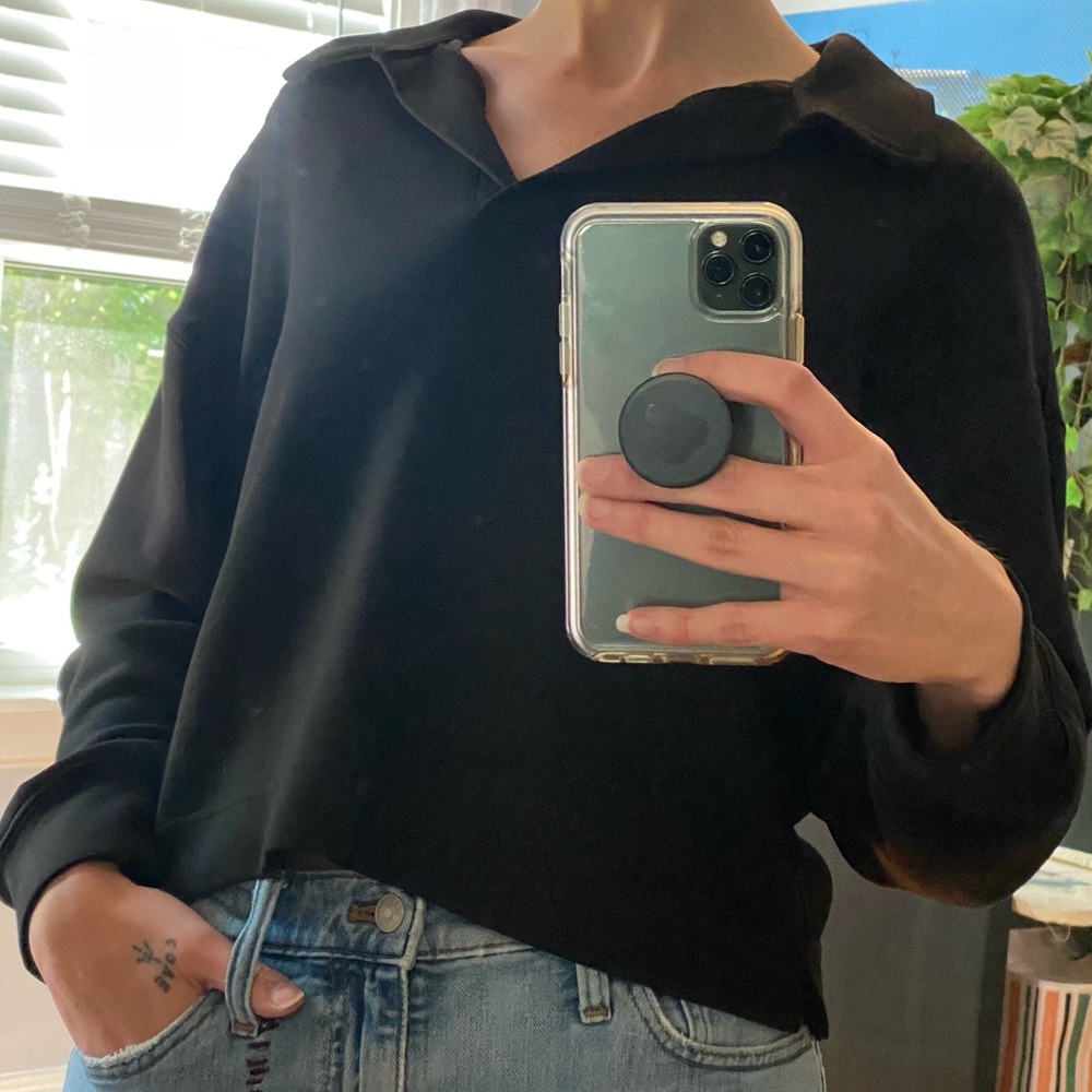 M Magaschoni Black Polo Collar Drop Shoulder Crop Pullover